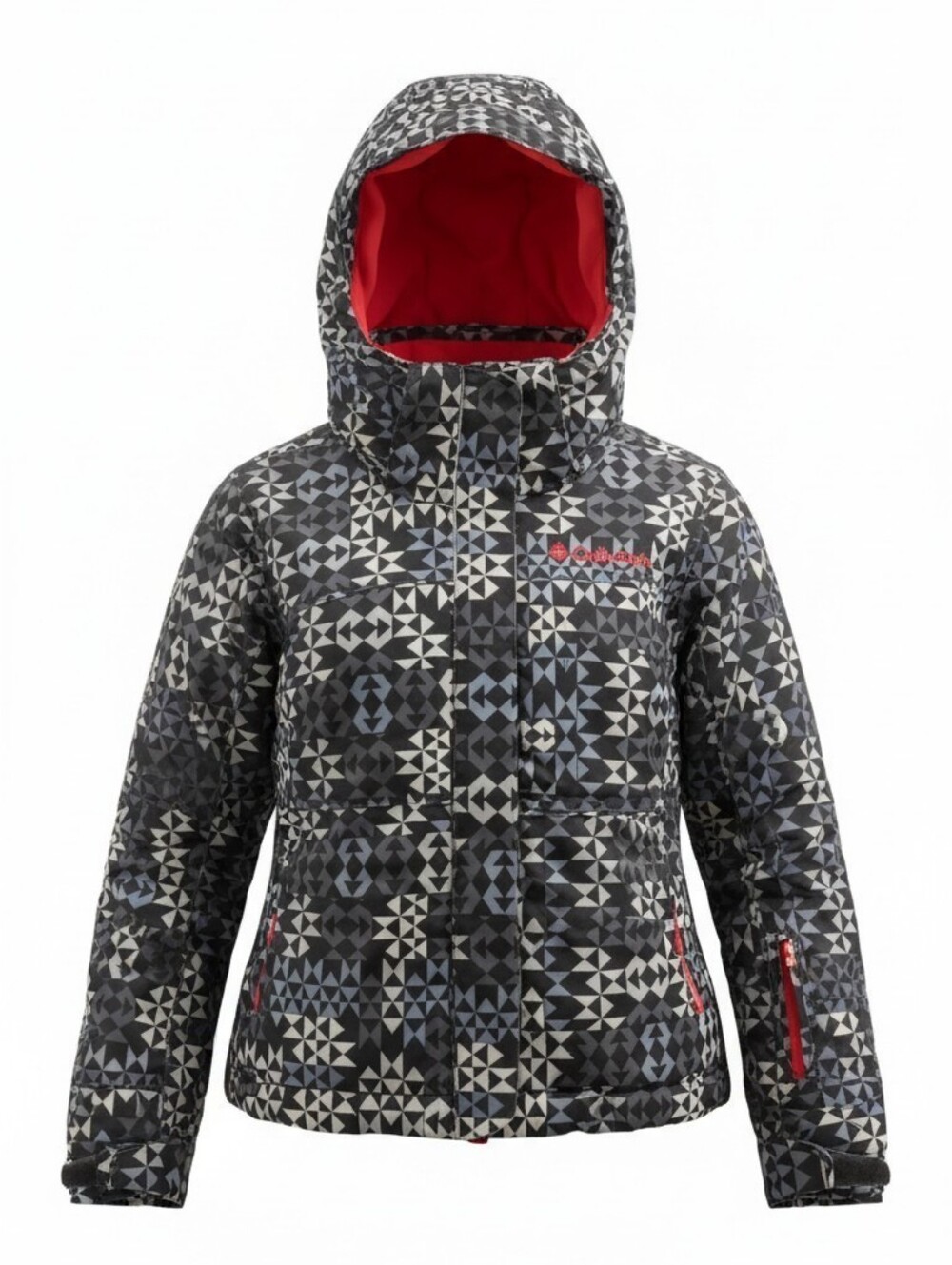 Columbia Black & Gray Geometric Hooded Puffer with Red Lining
